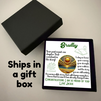 Sobriety coin gift box with black lid and printed greeting card