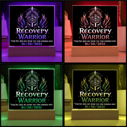 LED acrylic plaque on wood base shown with multiple colored light glows