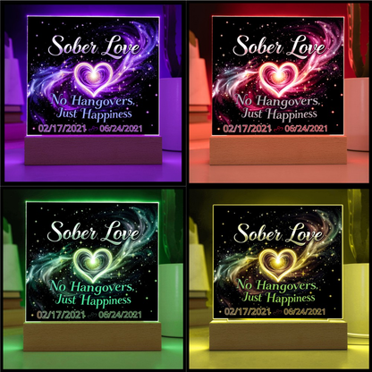 LED sobriety date sign with glowing heart on wood base, shown in different light colors