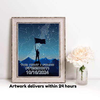 Framed night-sky sobriety date digital print with silhouetted figure and date 10/16/2024