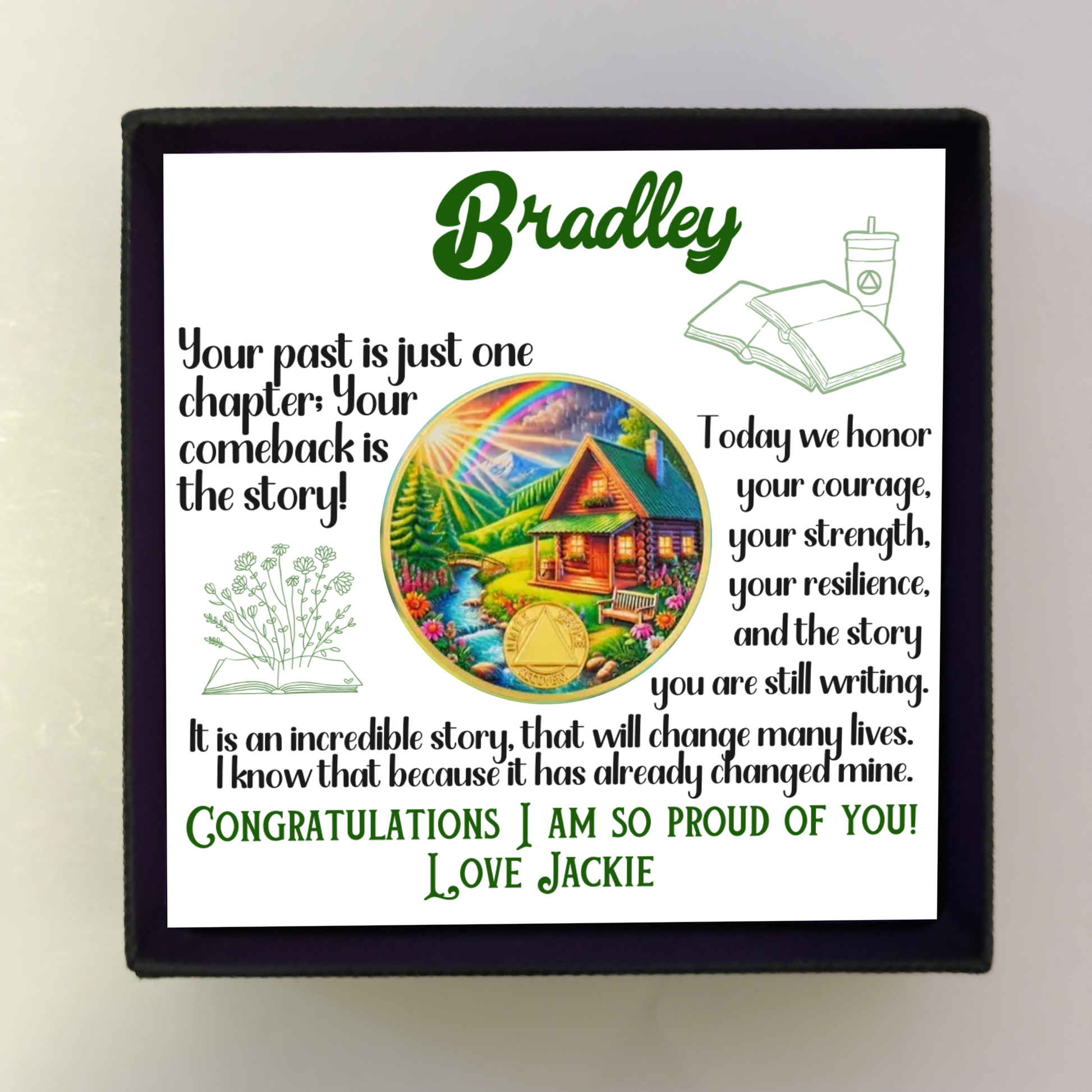 Bradley gift box with card and circular sobriety milestone coin featuring scenic house artwork