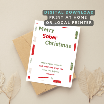 Merry Sober Christmas card with kraft envelope, digital download and print at home text