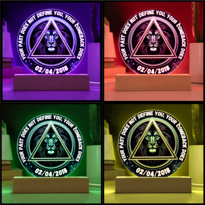 Personalized LED circle plaque in four glow colors, lion triangle design with date 02/04/2018