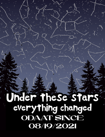 Star map wall art with pine silhouettes, constellation lines, and white title text on dark blue