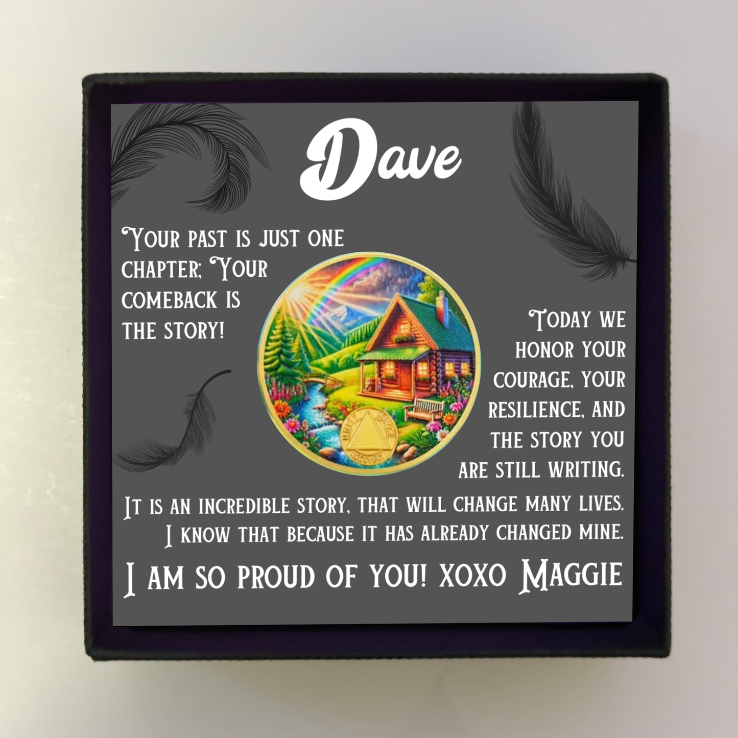 Custom sobriety card with circular landscape coin graphic and name Dave on gray background