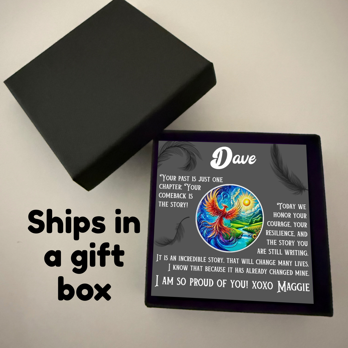 Personalized sobriety card in gift box with black lid and phoenix design for Dave