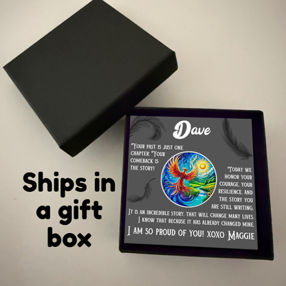 Personalized sobriety card in gift box with black lid and phoenix design for Dave