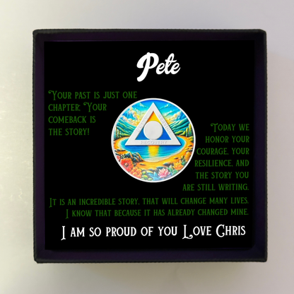Personalized sobriety gift box with circular coin and green story text