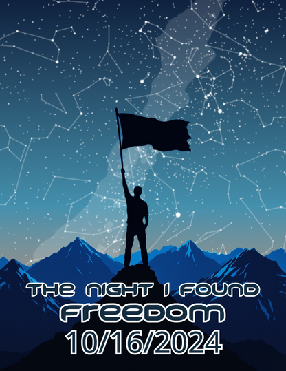 Star map poster with silhouetted flag bearer, blue star field, FREEDOM 10/16/2024