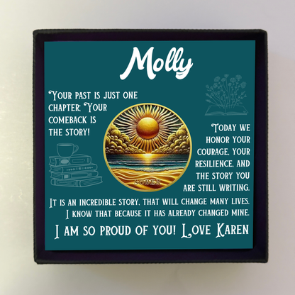 Teal inspirational sobriety card with sun-and-ocean medallion and 'Molly' title.
