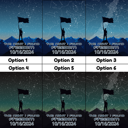 Star map wall art print options showing flag bearer silhouette with FREEDOM 10/16/2024