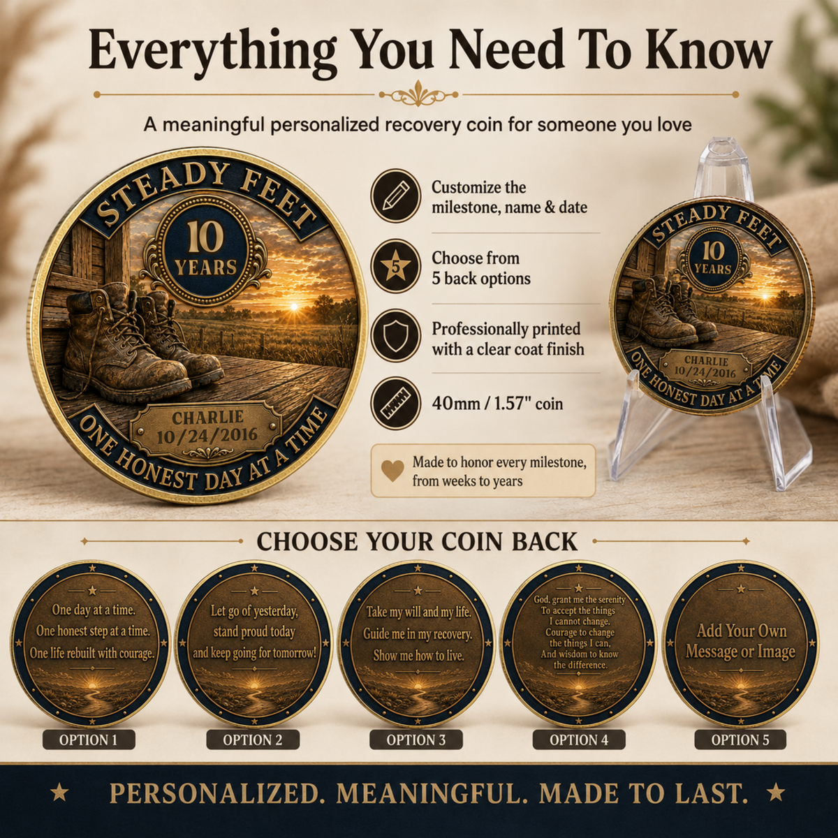 Recovery anniversary coin set on stands with guide text “Choose Your Coin Back”