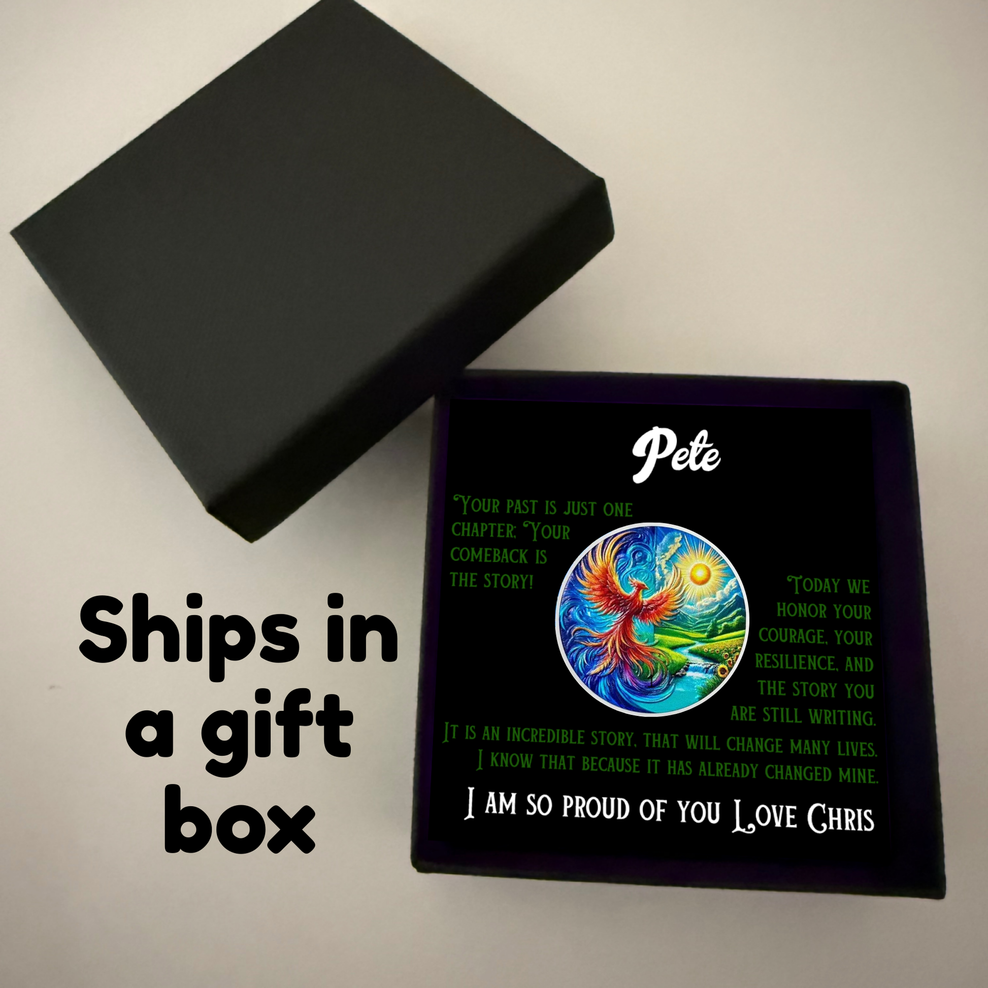 Personalized sobriety gift box with open lid, black card insert, and phoenix artwork coin