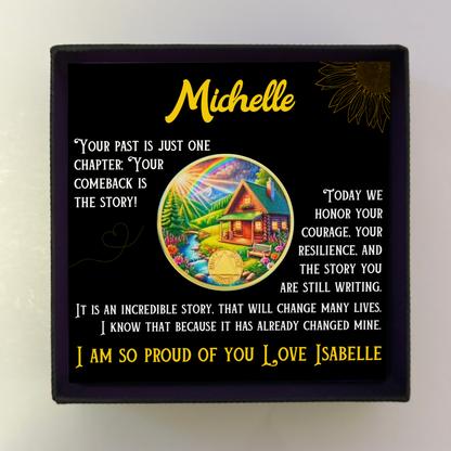 Personalized sobriety coin gift card in dark box with Michelle name and cabin coin
