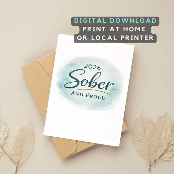 Printable card reading 2026 Sober and Proud; digital download to print at home or local.