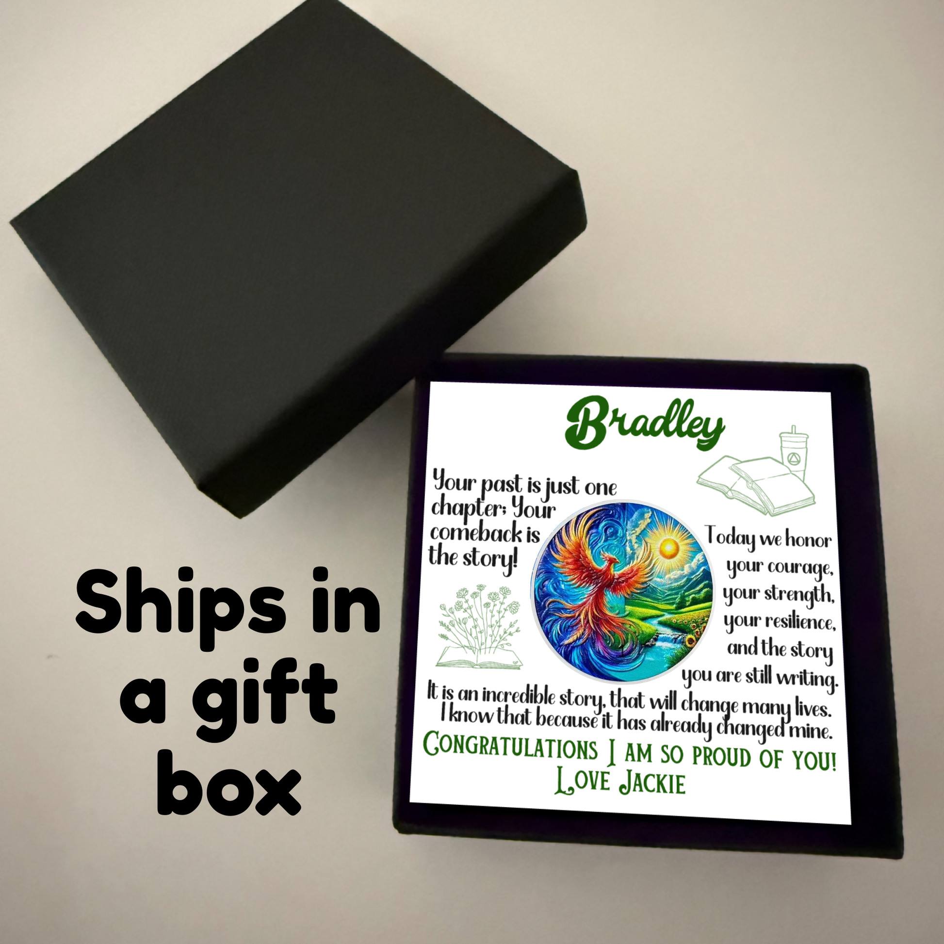 Gift box with lid open showing custom sobriety milestone framed card and coin