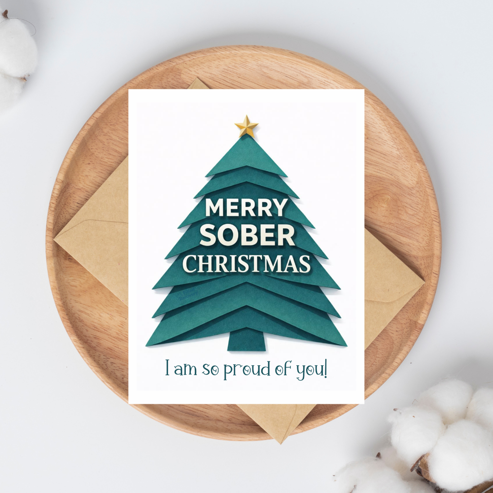 Teal Christmas greeting card with gold star tree and “MERRY SOBER CHRISTMAS” text.