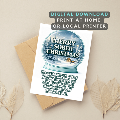 Christmas printable card with envelope, snow globe design, and print at home text