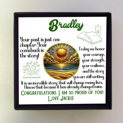 Sobriety coin gift box with black frame and greeting card with sun and ocean design