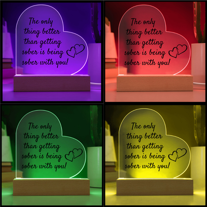 LED heart acrylic plaque with quote and heart icon, multi-color glow on wood base