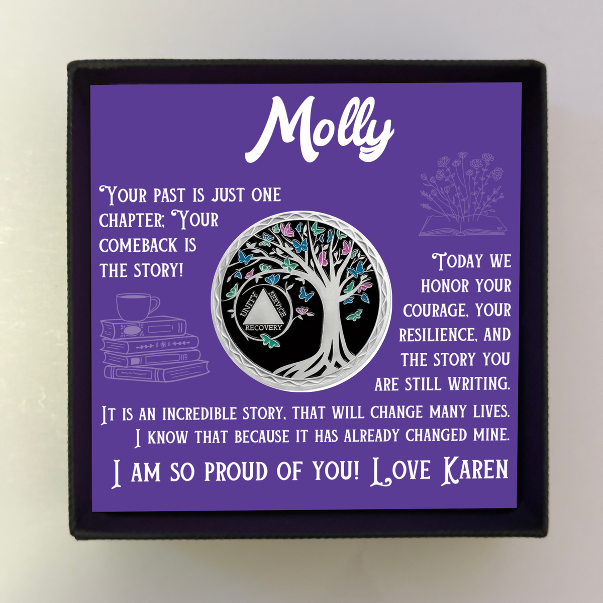 Sobriety coin gift box with purple card insert and tree design coin