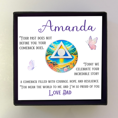 Sobriety coin gift box with personalized card featuring beach recovery triangle