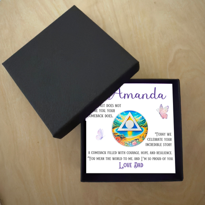 Sobriety coin gift box with personalized card and open black lid