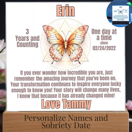 Multi-Color Butterfly and AA Symbol - Personalized Sobriety LED Plaque