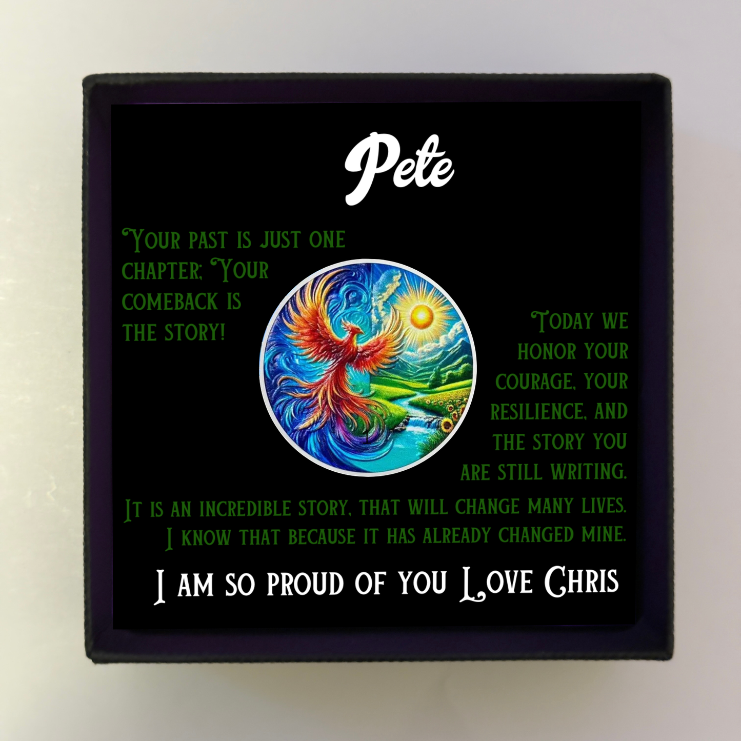 Personalized sobriety gift box with black card, phoenix artwork circle coin, and name Pete