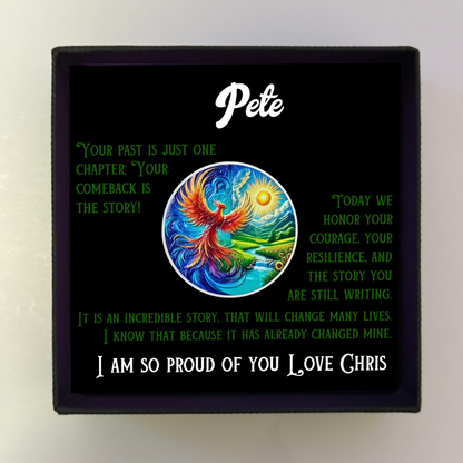 Personalized sobriety gift box with black card, phoenix artwork circle coin, and name Pete