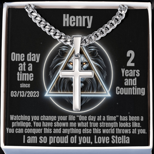 Silver chain cross pendant on black card gift insert, name Henry
