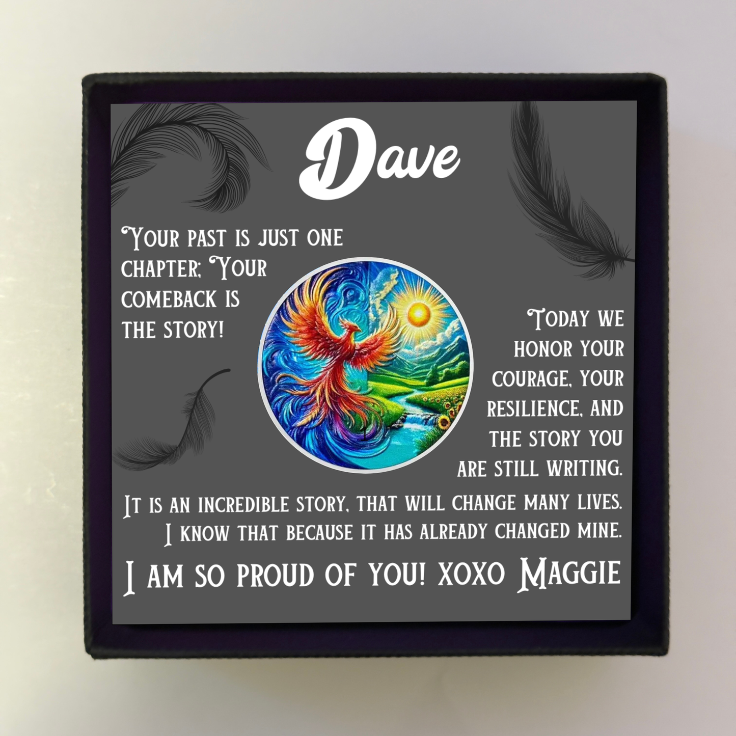 Personalized sobriety card in gift box with phoenix artwork and name Dave