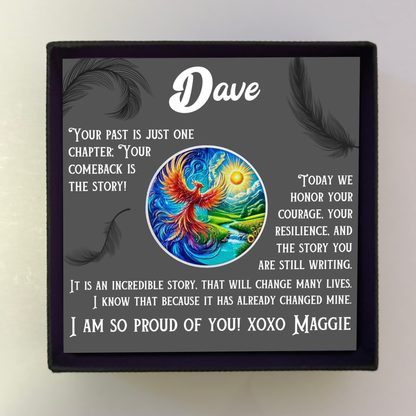 Personalized sobriety card in gift box with phoenix artwork and name Dave