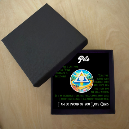 Sobriety gift box with lid, featuring recovery coin and message card
