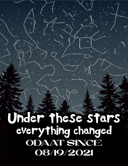 Digital print with light blue starry night, pine silhouettes, 'Under These Stars' and 08/19/2021
