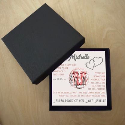 Sobriety coin keepsake in black gift box with heart and pink heels design