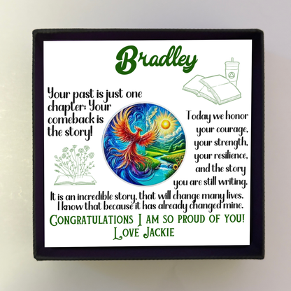 Custom sobriety milestone coin centerpiece on framed gift card in black frame