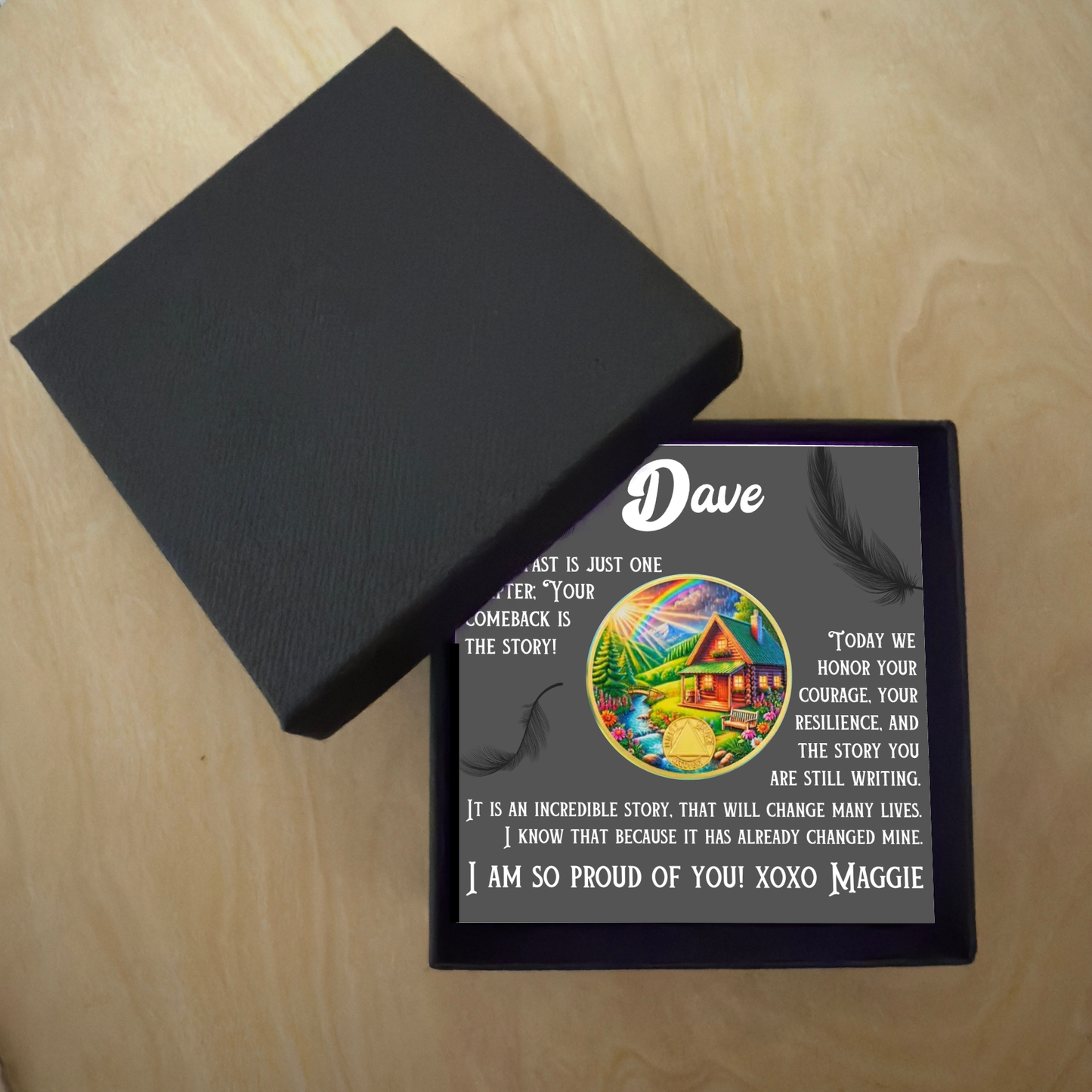 Sobriety coin and custom card set with name Dave on card inside black gift box