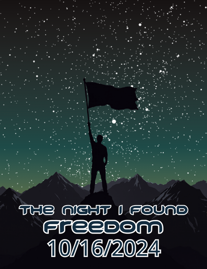 Star map poster with silhouetted flag bearer, star field, FREEDOM 10/16/2024
