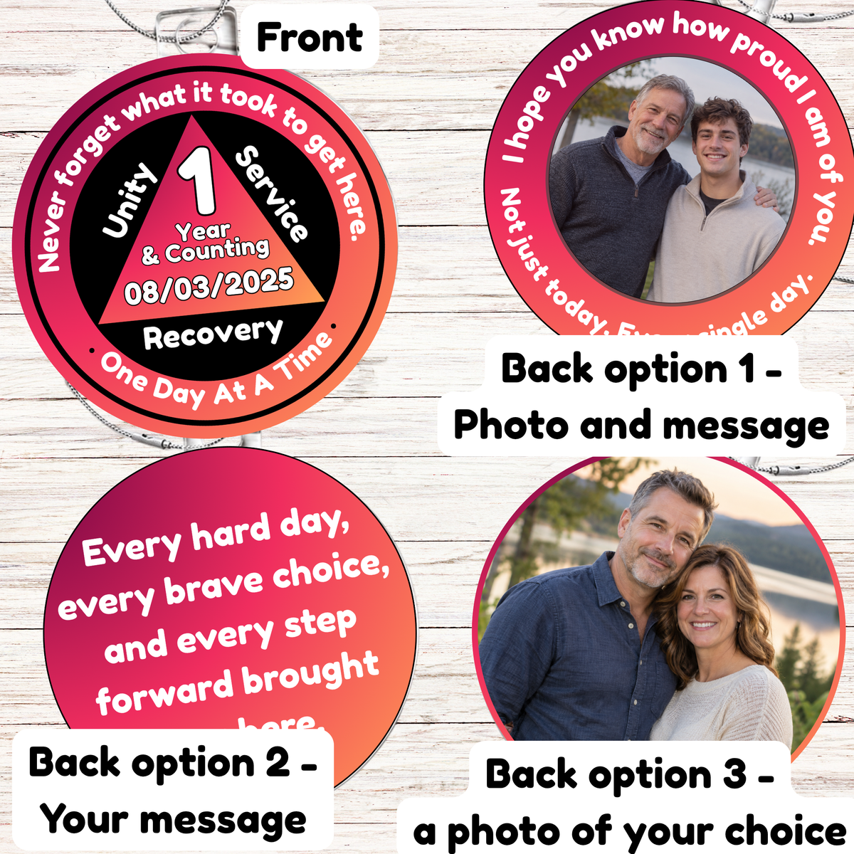 Maroon circular recovery milestone ornament with hanging silver chain and photo insert