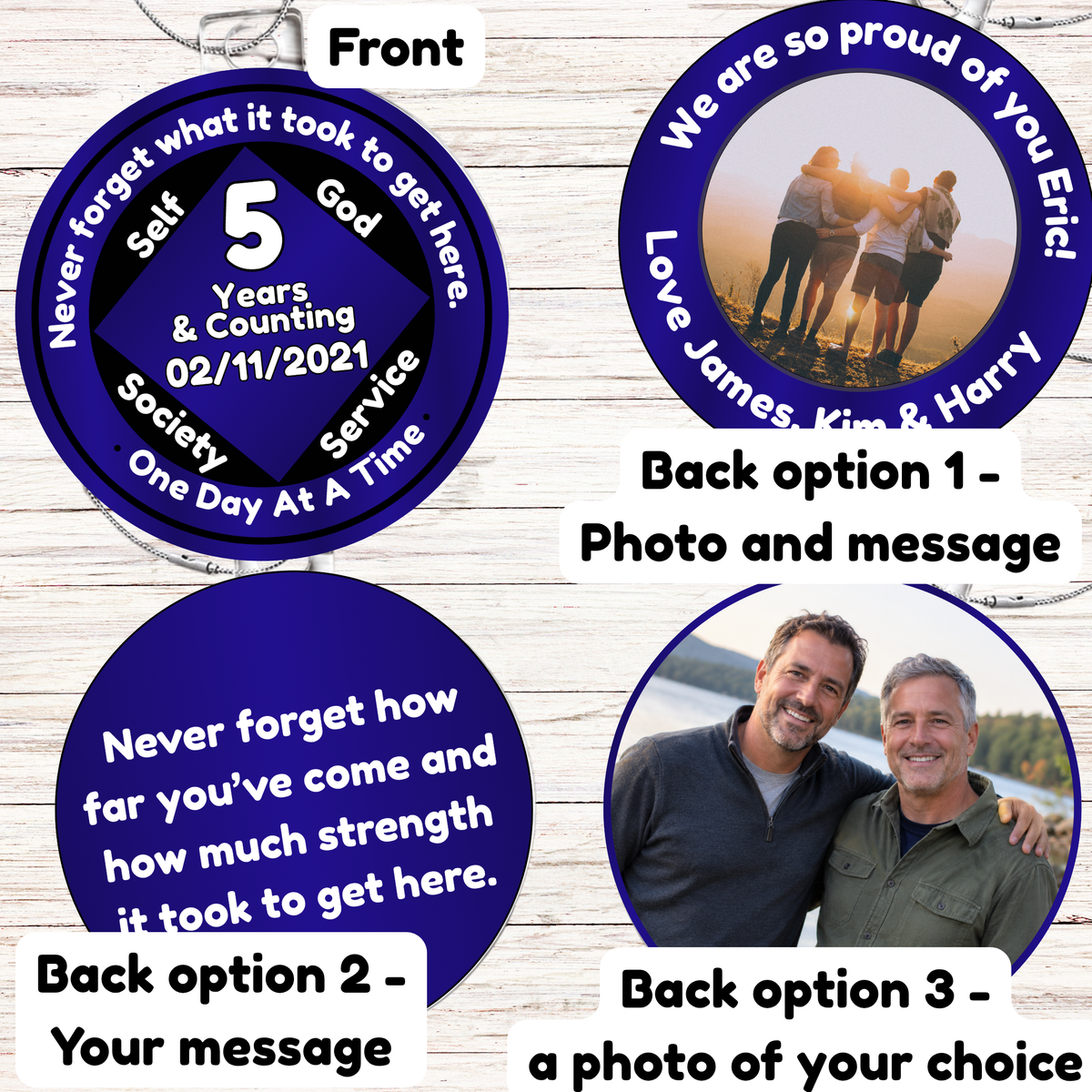 Recovery milestone ornament layout with blue “5 Years” front and back photo/message options.