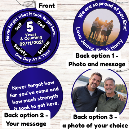 Recovery milestone ornament layout with blue “5 Years” front and back photo/message options.