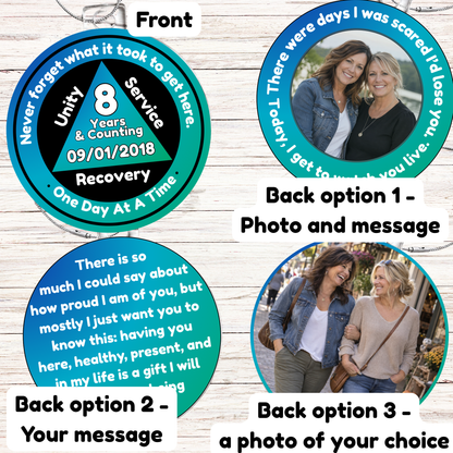 Blue circular recovery milestone ornament with hanging silver chain and photo insert
