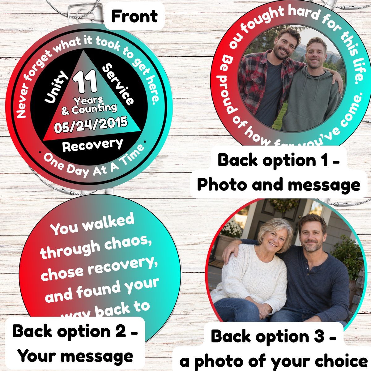Red circular recovery milestone ornament with hanging silver chain and photo insert