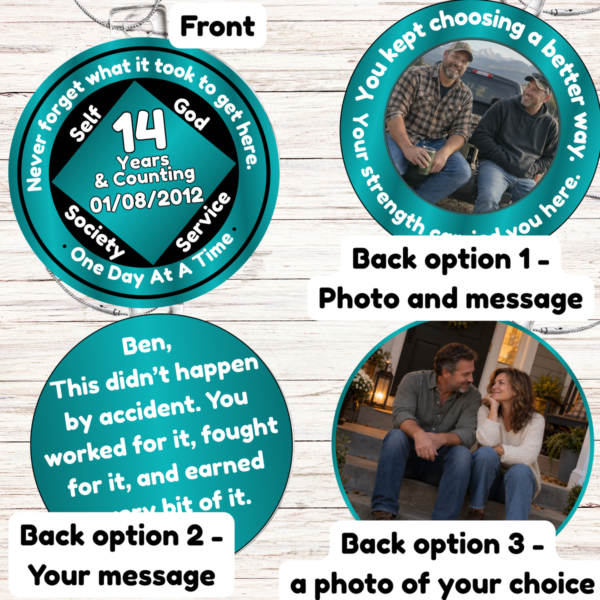 Teal circular recovery milestone ornament with hanging silver chain and photo insert