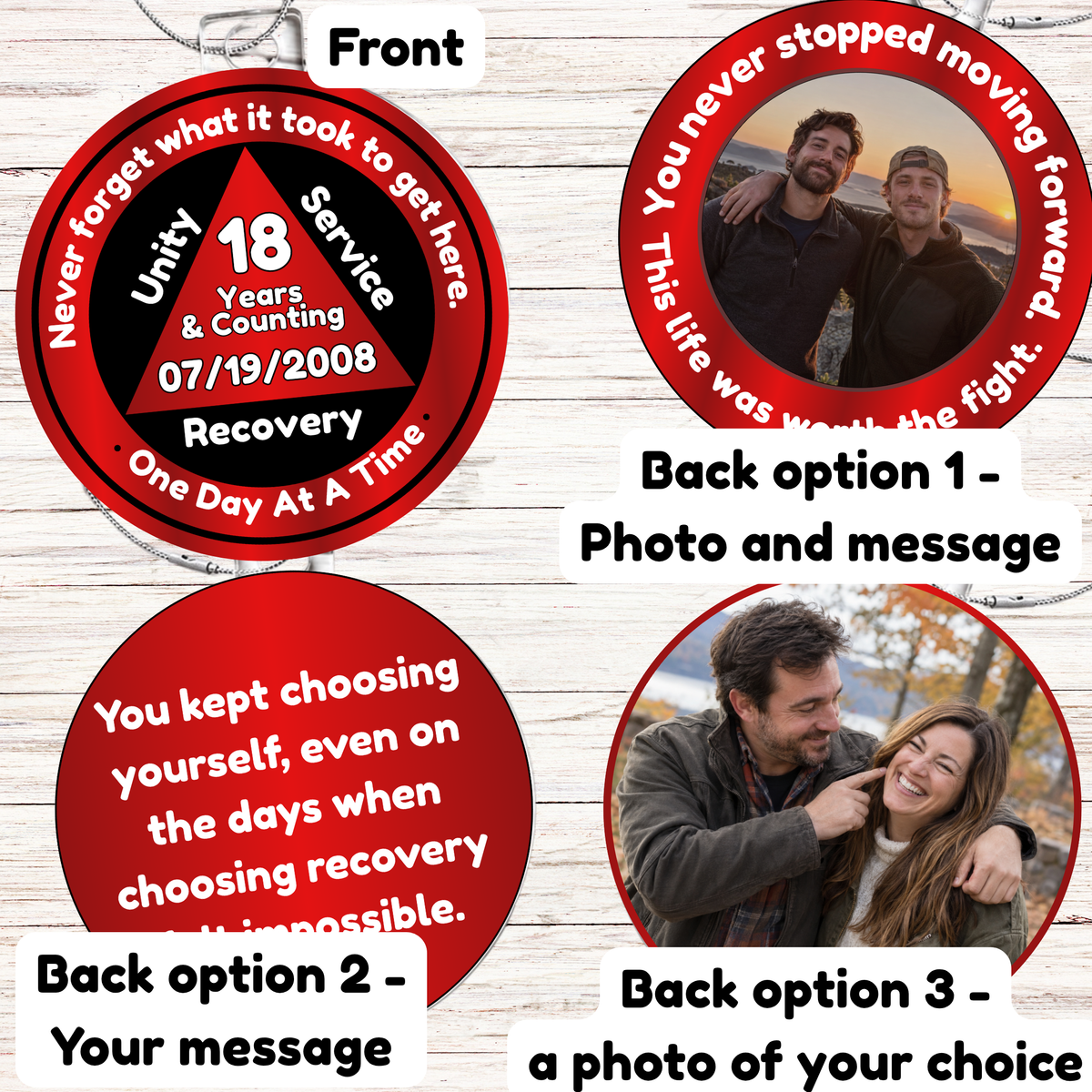 Recovery milestone ornament layout with red “18 Years” front and back message/photo options.