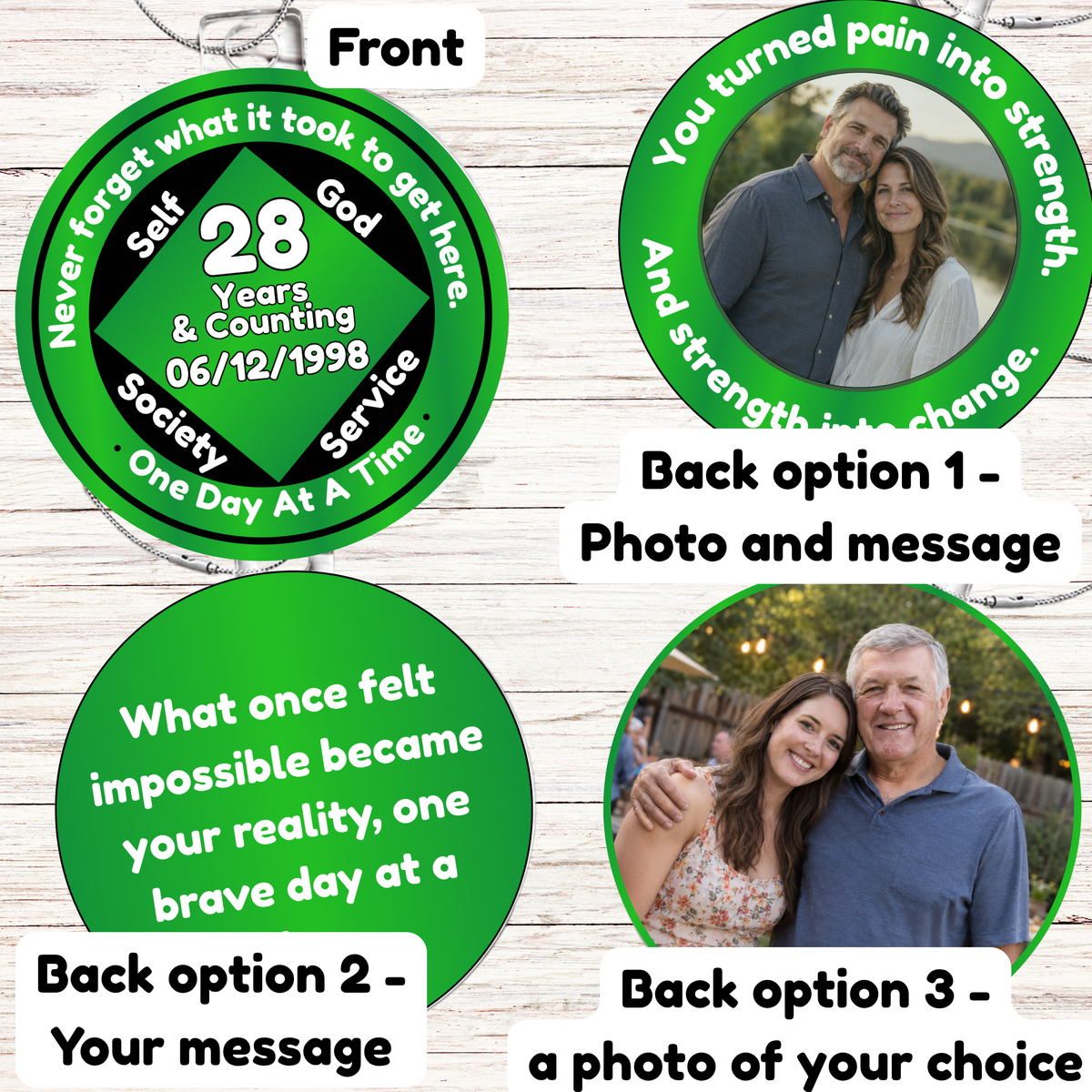 Green circular recovery milestone ornament with hanging silver chain and photo insert