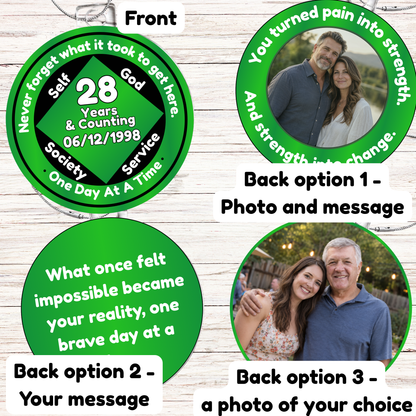 Green circular recovery milestone ornament with hanging silver chain and photo insert