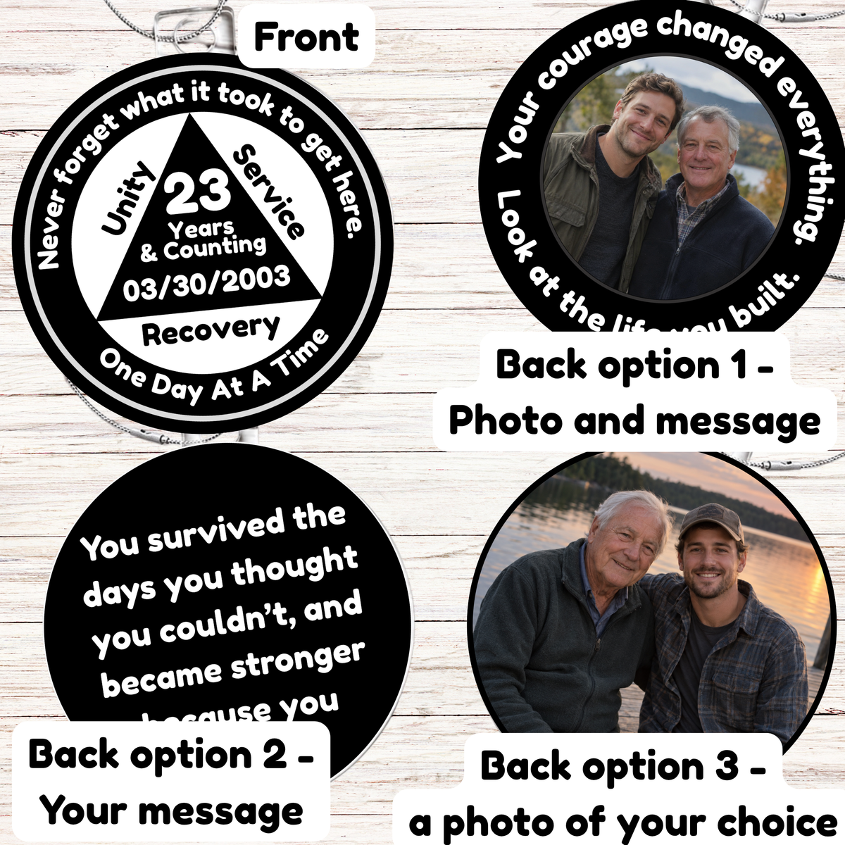 Recovery milestone ornament product layout showing front and back photo/message options.