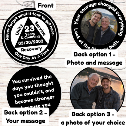 Recovery milestone ornament product layout showing front and back photo/message options.